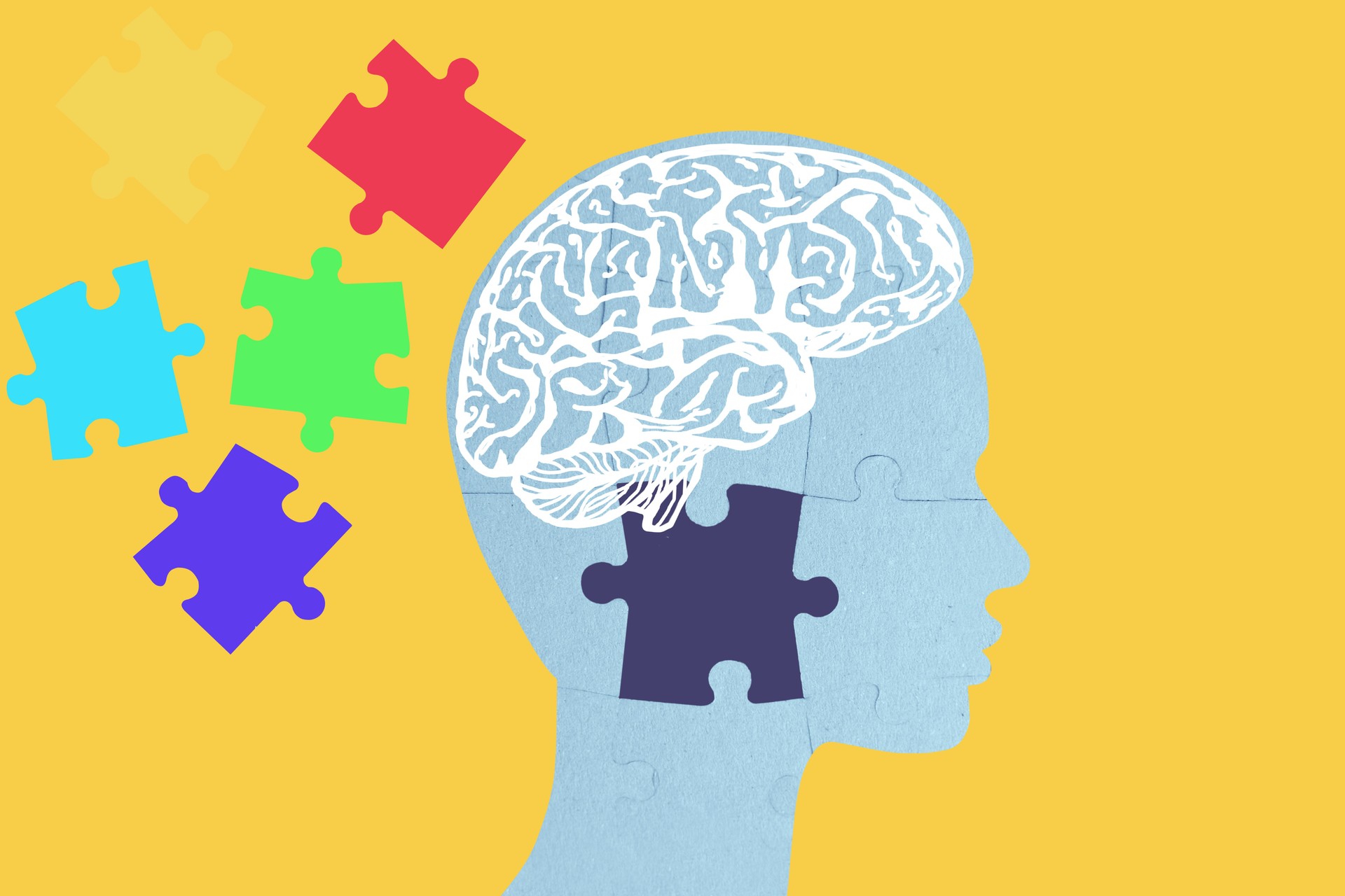 cardboard puzzle pieces, puzzle with copy space on background, missing piece of brain puzzle, mental health, memory, Creative background