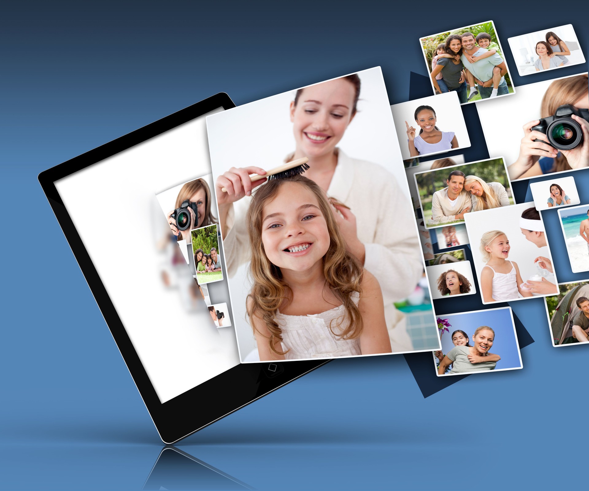 Tablet computer showing many family images